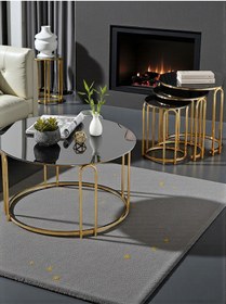 Resim 4 Lü Lenka Zigon Orta Sehpa Takımı Yuvarlak Gold Metal 3+1 - Siyah Aynalı Temperli Cam Zigon-orta Siyah 