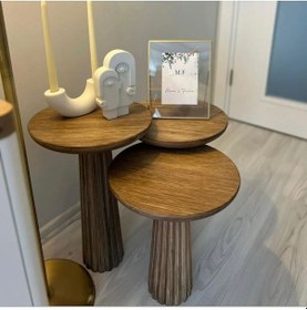 Resim Wood 3 Lü Set Mantar Yan Sehpa Modern Ahşap Ceviz Renk Fiskos / Çiçeklik Ceviz 