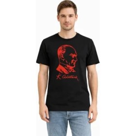 Resim Marsilyan Erkek Atatürk Baskılı Tişört Kısa Kollu Bisiklet Yaka T-Shirt - Siyah 