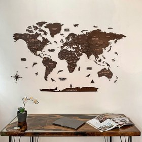 Resim Ahşap Dünya Haritası - Çok Katmanlı 3D Ahşap Duvar Dekoru (Kahverengi) - 100x54 cm / İngilizce 