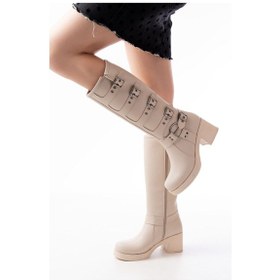 Resim 5109-3015 Bej Topuklu Fermuarlı Toka Aksesuarlı Günlük Kadın Çizme Resimdeki Renk 