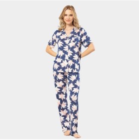 Resim Türen Yaprak Desenli Kısa Kollu Gömlek Yaka Pijama Takımı 3355/lacivert Lacivert 