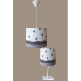 Resim Onay Avize Beyaz Yıldızlı Gri 2.li Set M-651 Kumaş Kaplama Genç ve Çocuk Odası Avize ve Abajur Takımı 