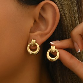 Resim Şık Altın Tonlu Geometrik Halka Küpeler - Minimalist Çinko Alaşım Tasarımı, Şık Daireye Daire Görünümü, Günlük Kullanım & Tatil İçin İdeal, Çok Yönlü Takı|Çağdaş Takı|Altın Kaplama Çinko Alaşım 