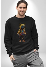 Resim Spor Eşofman Takımı Sarı Kedi İnsan Unisex Siyah Baskılı Sweatshirt Siyah 