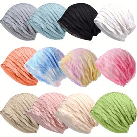 Resim Solid Color Breathable Beanie Cap Baggy Slouchy Hat Hafif Elastik Kafatası Kapak Nefes Alabilen Şapka Nefes Alabilen Kemoterapi Şapkaları 