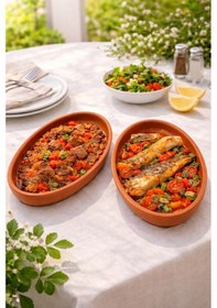 Resim 2 Adet Toprak Güveç 30 Cm İçi Sırlı Kayık Oval Güveç Fırın Tepsisi Toprak Fırın Kabı Kahverengi 
