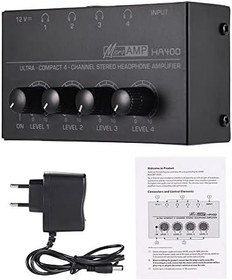 Resim HA400 Ultra-kompakt 4 Kanallı Mini Audio Stereo Kulaklık Amplifikatörü, Güç Adaptörlü 