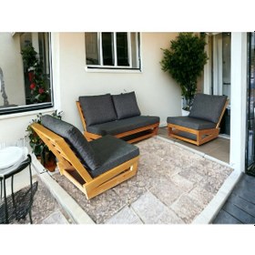 Resim Nepal Bahçe Balkon Masif Kayın Ahşap Koltuk Takımı -2+1+1 Antrasit 
