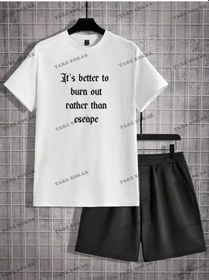 Resim Tarzsokak Legnd Erkek Örme Yuvarlak Yaka Kısa Kollu Sloganlı T-shirt Ve Şort Takım Beyaz 