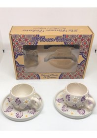 Resim Papatya Mor Renk Desenli El Yapımı 2'li Seramik Kahve Fincan Takımı Çok Renkli 