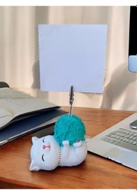 Resim Turkuaz Yumaklı Yatan Kawaii Kedi Temalı Not Tutacağı Fotoğraf Tutacak Tutucu Ofis Hediyelik Turkuaz 