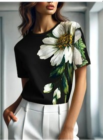 Resim Reka Moda Kadın Kısa Kollu Bisiklet Yaka Çiçek Baskılı Süprem Bluz Siyah 