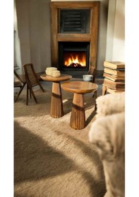 Resim Doğal Masif Ahşap Yan Sehpa Seti 2 Li Ceviz Renk Zigon Ve Fiskos Sehpa - Dekoratif Çiçeklik Ceviz 