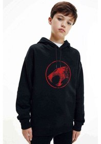 Resim Thundercats Logo Baskılı Unisex Çocuk Kapüşonlu Siyah Sweatshirt 