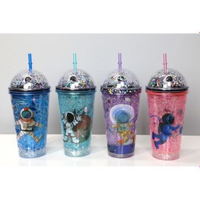 Resim Sevimli Astronot Pipetli Işıklı Pullu Suluk Bardak 400 ml 