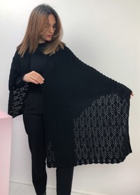 Resim Kadın Anne Akrilik Orlon Triko Etnik Desen Kışlık Siyah Kalın Omuz Şalı 104 