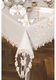 Resim Daisy Love Masa Örtüsü 160x220 Cm 26 Parça Krem Krem 