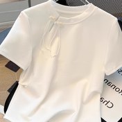 Resim Kadınlar İçin Yeni Çin Esintili Kısa Kollu Tişört - Yazlık Günlük Üst, Fırfır Yaka Detaylı, %100 Polyester, Makinede Yıkanabilir, Düz Renk 