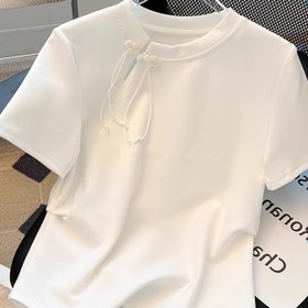 Resim Kadınlar İçin Yeni Çin Esintili Kısa Kollu Tişört - Yazlık Günlük Üst, Fırfır Yaka Detaylı, %100 Polyester, Makinede Yıkanabilir, Düz Renk 