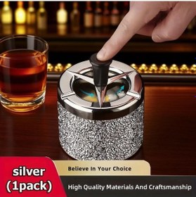 Resim Xuweiwei Silvery Elegant Sparkling Press To Open Lid Modern Ashtray Dayanıklı Taşınabilir Ev Ofis Dekor 
