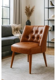 Resim Waterybrook Berjer Sandalye - Kapitoneli Suni Deri - Ceviz Ahşap Ayaklı - Retro Modern Tasarım Kahverengi 