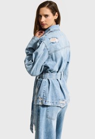 Resim Kadın Ice 12s6-32 Oversize Kemer Detaylı Yırtık %100 Koton Denim Ceket - Ice Rengi / M 