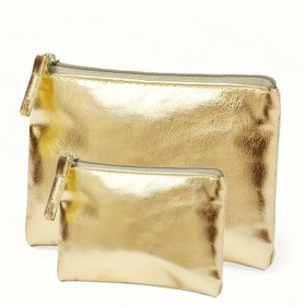 Resim 2 adet/1 set Büyük Kapasiteli Moda Metal Dokulu Makyaj Çantası - Dudak Ruju, Kırtasiye ve Güzellik Malzemeleri için Geniş Depolama Alanına Sahip Geniş Seyahat Makyaj Çantası - Kadınlar için Şık Kompakt Taşınabilir Aksesuar 