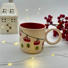 Resim El Yapımı Yılbaşı Seramik Kupası Teleferik Desenli 