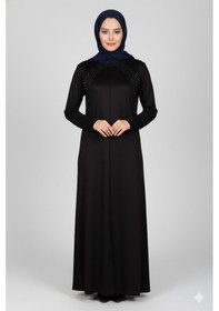 Resim Elele Kadın Alice Büyük Beden Nervürlü Taşlı Boydan Siyah Elbise Siyah 