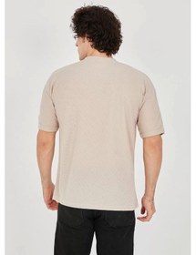 Resim Unisex Jakar Kumaş Rahat Kol T-shirt - Bej Bej 