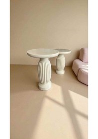 Resim Doğal Ahşap Yan Sehpa 2 Li Set Krem Renk Ekru 