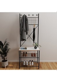 Resim Dar Metal Portmanto, Elbise Askılığı, Vestiyer, Ayakkabılık Beyaz 