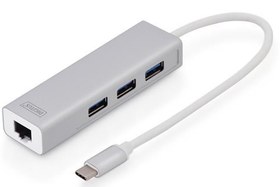 Resim DA-70255 Digitus USB 3.0 Hub & USB 3.0 Gigabit Ethernet Adaptörü, 1 x 10/100/1000 RJ45 Dişi Yuva, 1 x USB-C Erkek Konnektör (bilgisayar bağlantısı için), 3 x USB 3.0 USB-A Dişi Yuva (USB çevre ürünü), alüminyum, Mac ve Windows destekler 