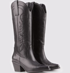 Resim Hakiki Deri Siyah Kadın Western Çizme Siyah 