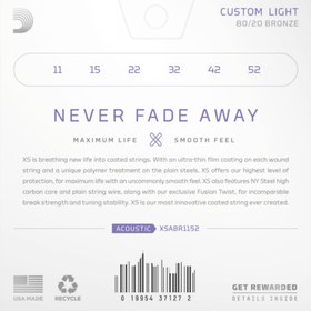 Resim D'Addario XSABR1152 XS 80/20 Bronze Akustik Gitar Teli - Custom Light (11-52) 