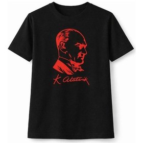 Resim Kız Çocuk Atatürk Baskılı Tişört Kısa Kollu Bisiklet Yaka T-shirt - Siyah Çok Renkli 