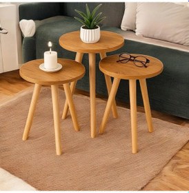 Resim Yan Sehpa Ve Zigon Sehpa Ahşap Ayaklı 3lü Açık Kahverengi 