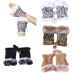 Resim Kadınlar için Şık Süet Parmaksız Eldivenler Suni Kürk Süslemeli - Polyester Astarlı, Rüzgar Geçirmez, Dokunmatik Ekran Uyumlu, Sıcak Yarım Parmak Sürüş Bisiklet Eldivenleri - Yıkamayın 
