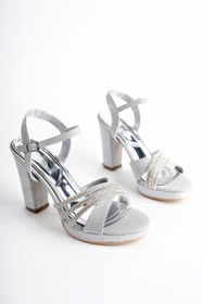 Resim meyra'nın ayakkabıları Kadın 3 Taşlı Gümüş Simli Platform Topuklu Ayakkabı 