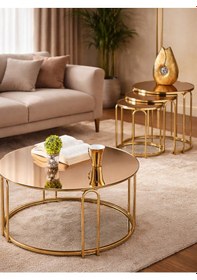 Resim 4 Lü Bronz Ayna Gold Metal Ayaklı Ayna Lenka Model Sehpa Takımı Zigon Ve Orta Altın 