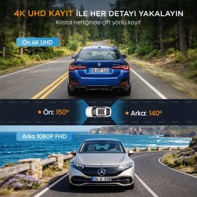 Resim Kawa D9 2 Kameralı Ön+Arka 4K+1080P Hdr Wi-Fi Gps'li Gece Görüşlü Araç Kamerası + 64GB Hafıza Kartı 