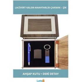 Resim Ahşap Kutulu Lacivert Kalem Anahtarlık Çakmak Seti 