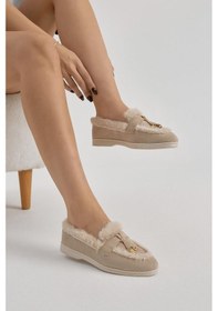 Resim Tonny Black Termo Taban Kürk Detaylı Süet Görünümlü Tokalı Kadın Bej Günlük Loafer Ayakkabı Tbmhh015 Bej 