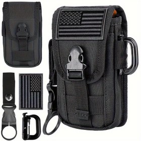 Resim 1 adet Taktik Molle Telefon Kılıfı, Amerikan Bayrağı Yama ve Su Şişesi Tutucu ile, 11.94-17.53 cm Akıllı Telefonlar için Dayanıklı Naylon Bel Çantası, Siyah, Av Ekipmanı Aksesuarı | Molle Sistemi | Sağlam İnşaat 