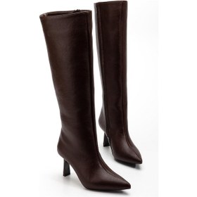 Resim Kadın Çizme Kahverengi İnce Topuklu Suni Deri Sivri Burun-4445 Kahverengi 