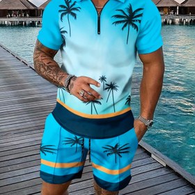 Resim Palm Tree Baskılı ve Eşleşen Mavi/Siyah Şortlu Şık Beyaz Polo Gömlek - Fermuarlı, Nefes Alabilen Polyester, Plaj veya Rahat Kıyafetler İçin Mükemmel, Rahat Kıyafetler|Rahat Kesim|Fermuarlı Kapanış Seti 