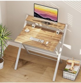 Resim Metal Ayaklı Laptop Masası, Katlanır Çalışma Masası, Raflı Masa, Katlanır Laptop Sehpası Beyaz-çam 