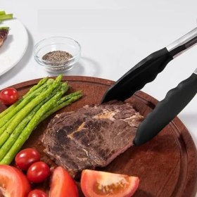 Resim Siyah Silikon Uçlu Mutfak Maşası - 23 Cm, Asma Kilit Sistemli Paslanmaz Çelik Sap, Kolay Kavrama, Mangal, Salata, Makarna, Barbekü, Kamp Için Uygun 