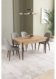 Resim Ikon Meşe Desen 80x132 Mdf Açılabilir Yemek Masası Takımı 4 Adet Sandalye Gri 